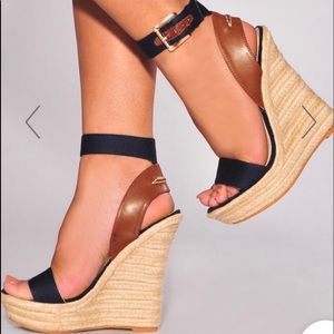 Blue Faux Leather Espadrille Wedges